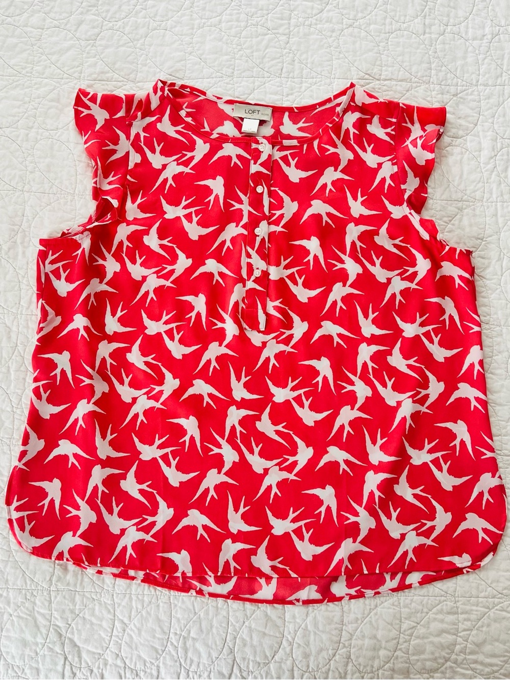 LOFT Salmon Pink Bird-Print Flutter-Sleeve Button-Front Blouse Femme Summery